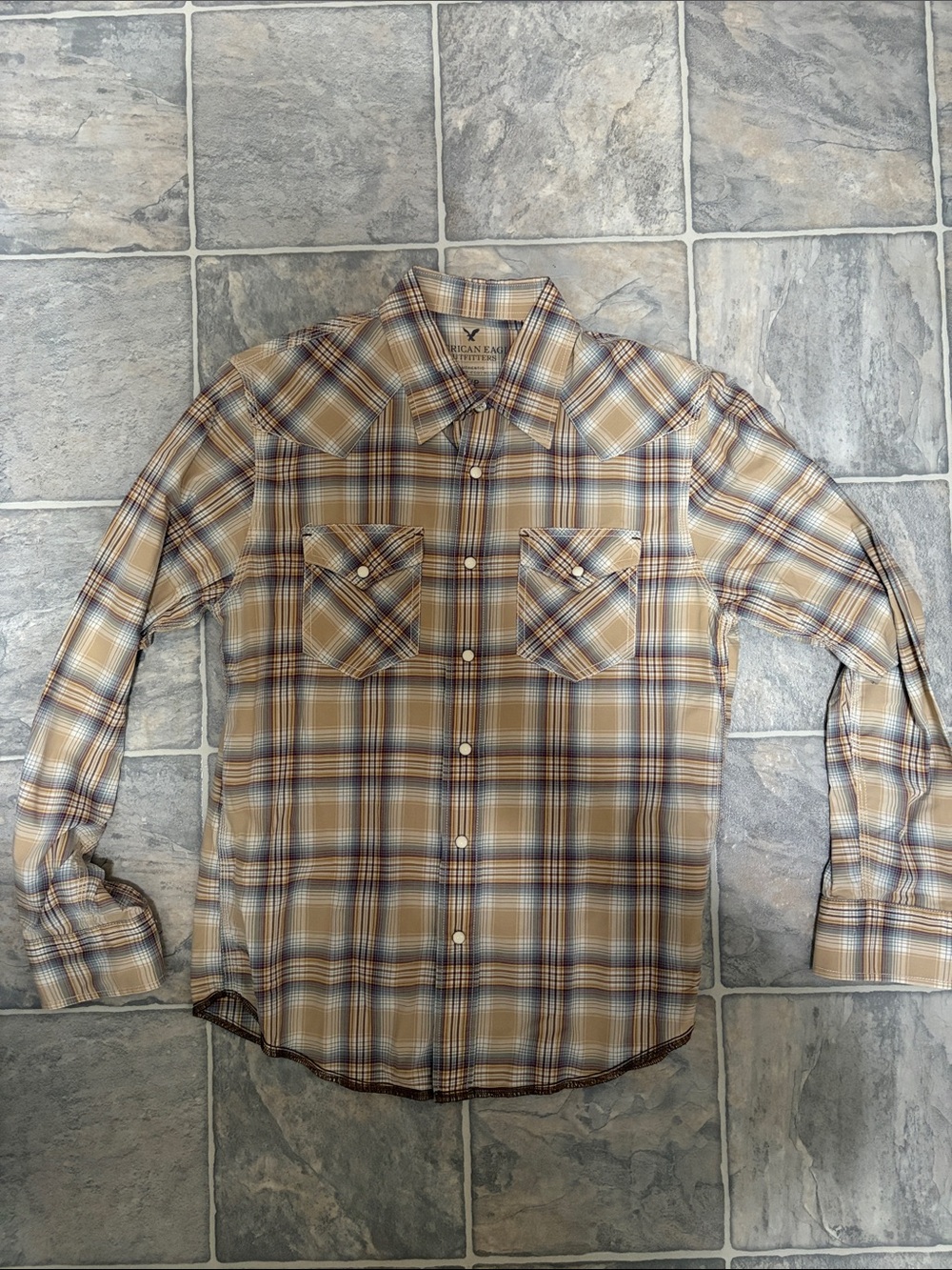 American Eagle Outfitters Brown, Tan and Blue Plaid Button-Up Shirt